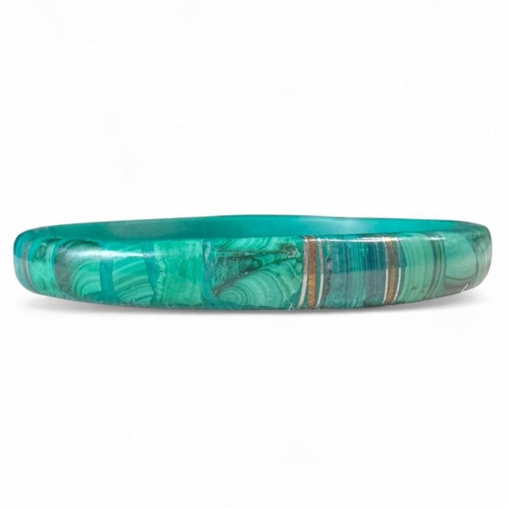 VINTAGE‎ 1970s MALACHITE GREEN STONE INLAY BANGLE BRACELET - Picture 2 of 5